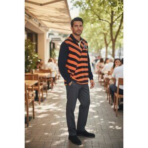 Old Navy Rugby Polo Shirt Mens Large Orange Navy Striped Long Sleeve RFC Patch